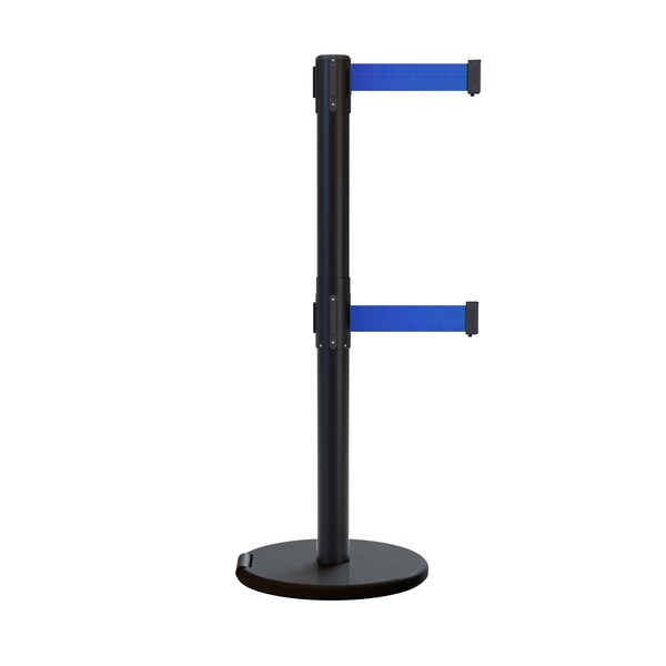 Montour Line Retractable Double Belt Rolling Stanchion, Blue, 7.5 ft Length, 2.5 ft Post Height P400DRL-BK-BL-75 - main